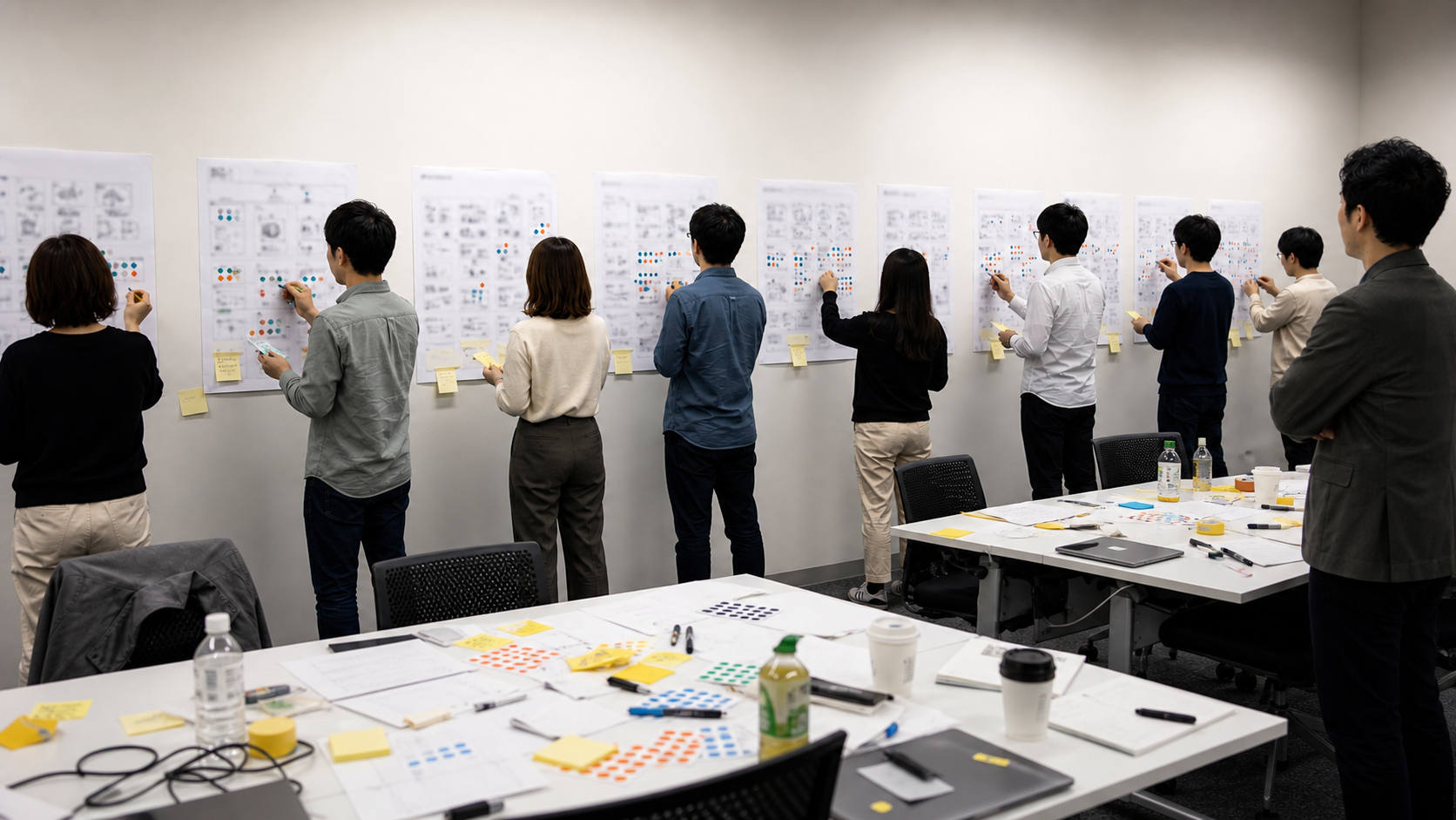 壁に貼られた案に投票している様子