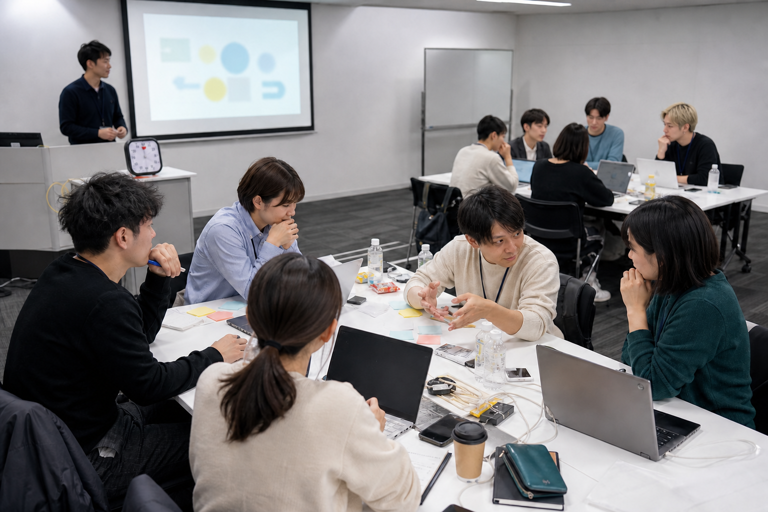 タイマーを置き、複数チームが並行して作業している様子