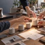 木のテーブルの上に、粗い石から整った器へと少しずつ形が整っていく試作品が並び、複数の人の手が最後の一つに伸びている様子