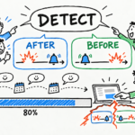 ホワイトボードに手描きした図。作る側の3人と顧客が同じ「DETECT」という言葉を指さしているが、作る側は現象の後に知らせる「AFTER」、顧客は現象の前に知らせる「BEFORE」を思い描いている。打ち合わせを重ねて開発が「80%」まで進んだところで、顧客がパソコンに触れ、二つの意味が裂けて「NO」となる